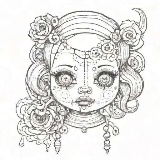 A creepy doll with button eyes and stitched mouth tattoo design idea