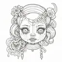 A creepy doll with button eyes and stitched mouth tattoo design idea