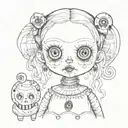 A creepy doll with button eyes and stitched mouth tattoo design idea