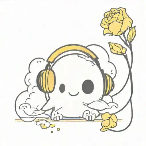 cute ghost with headphones holding a yellow carnation  tattoo design idea