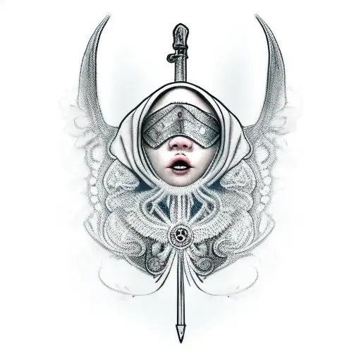 a blindfolded woman, Hooded holding a scale and a sword with uroboros on her neck tattoo design idea