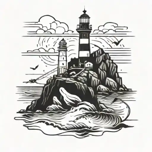 A blackwork tattoo of a lighthouse shining over a rocky shore, with fishing rods and reels scattered around and a silhouette of a family playing on the beach tattoo design idea