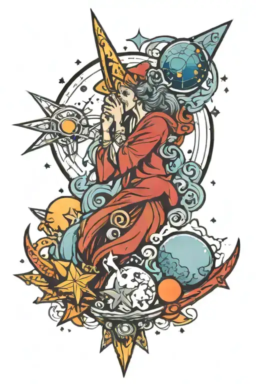 God blowing stars and planets tattoo design idea