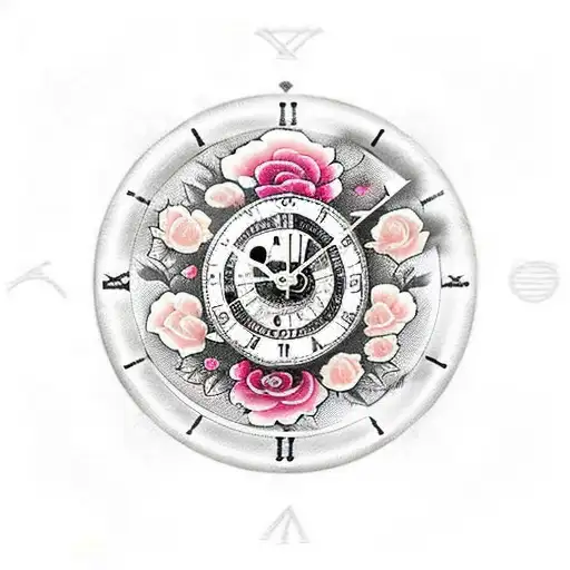 Clock with roses and skulls and cyber tattoo design idea