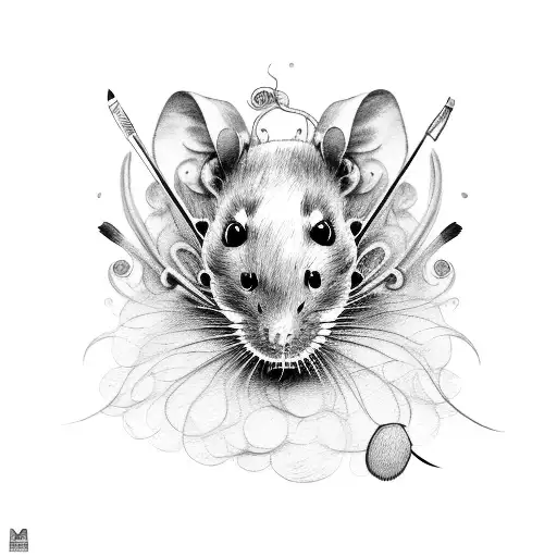 A realistic portrait of a rat wearing a Venetian mask, holding a paintbrush tattoo design idea