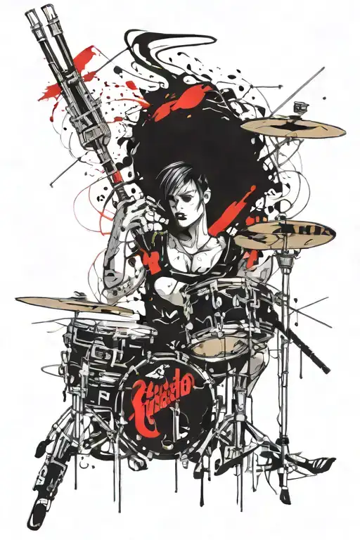 virgo sign, gallo, technology, snare drum, pair of drumsticks, realistic, Like as Simone Plaff and Volko Merschky tattoo design idea