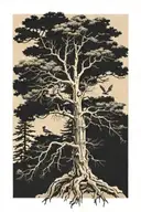 white pine tree with roots, three small birds flying tattoo design idea