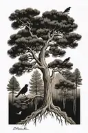 white pine tree with roots, three small birds flying tattoo design idea