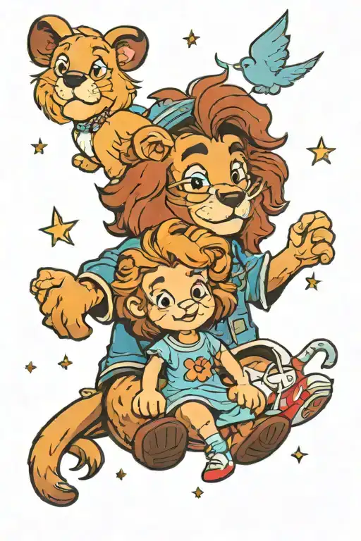 Charlie from all dogs go to heaven sitting in front of a window, Wendy darling flying, Alex the lion stuffie tattoo design idea