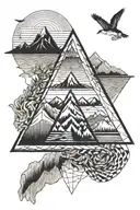 triangle with moutains and swimmer inside tattoo design idea