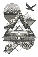 triangle with moutains and swimmer inside tattoo design idea