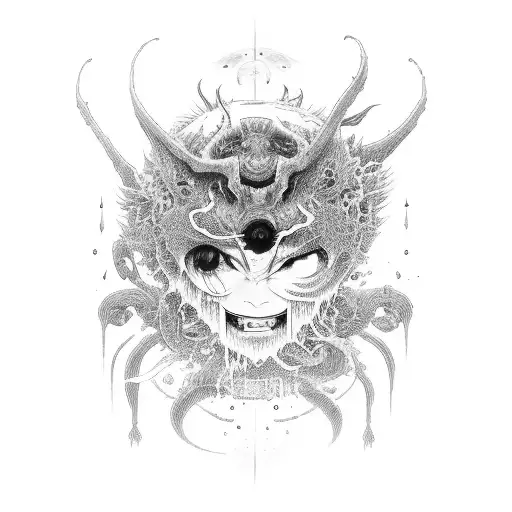 sideways Japanese demon woman with blood coming out of eyes tattoo design idea