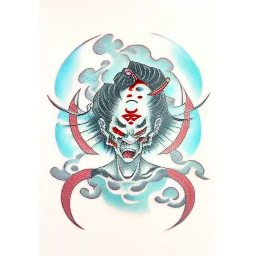 sideways Japanese demon woman with blood coming out of eyes tattoo design idea