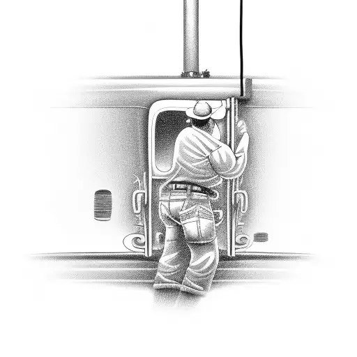 A lineman working on a truck with intricate mechanical details tattoo design idea