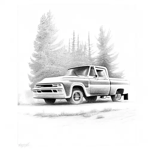 A detailed sketch of a vintage GMC truck parked in front of a rustic barn tattoo design idea