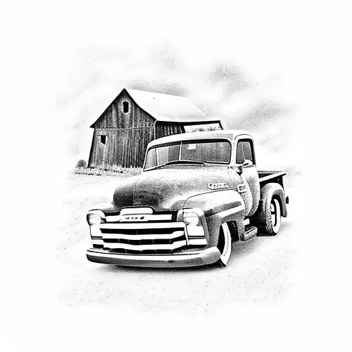 a vintage 1953 GMC pickup truck parked in front of a rustic barn tattoo design idea