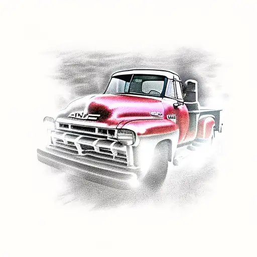 a vintage 1953 GMC truck parked in front of a rustic barn tattoo design idea