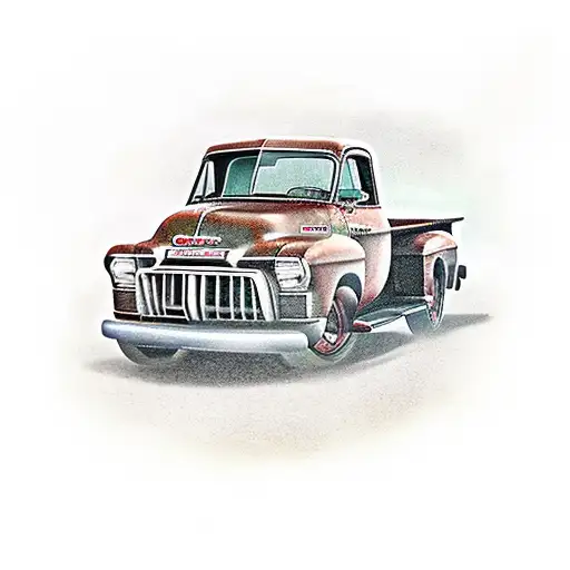 a vintage 1953 GMC pickup truck parked in front of a rustic barn tattoo design idea