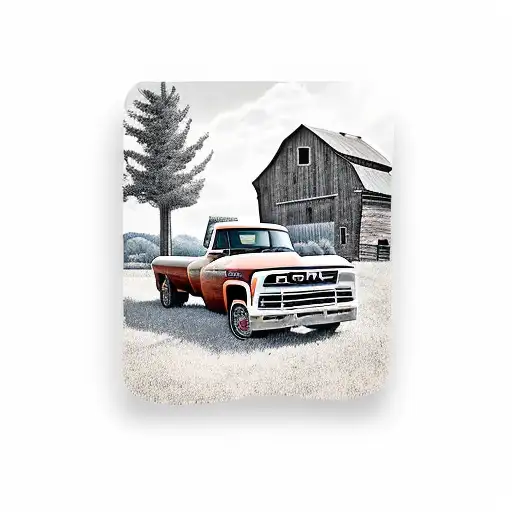 a vintage GMC truck parked in front of a rustic barn tattoo design idea