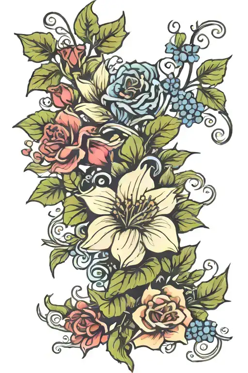 bouquet of flowers with ivy leaves tattoo design idea