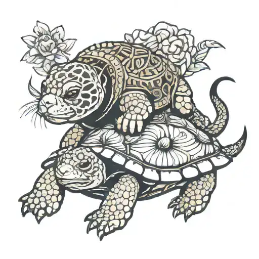 turtle and lion cub playing together tattoo design idea