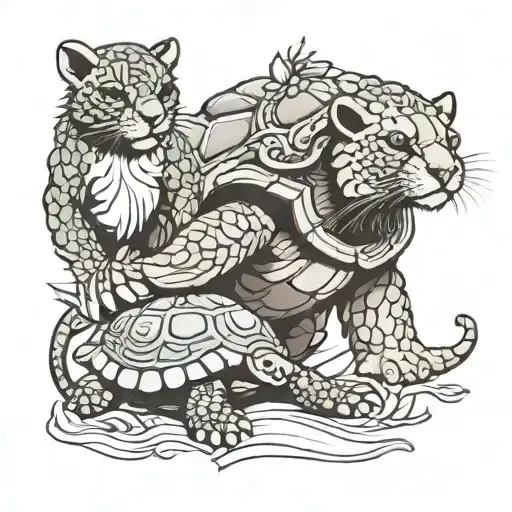 turtle and lion cub playing together tattoo design idea