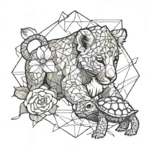 lion cub protecting a baby turtle surrounded by rose stems tattoo design idea
