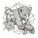 lion cub protecting a baby turtle surrounded by rose stems tattoo design idea