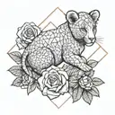 lion cub protecting a baby turtle surrounded by rose stems tattoo design idea