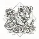lion cub protecting a baby turtle surrounded by rose stems tattoo design idea