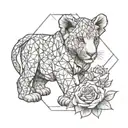 lion cub protecting a baby turtle surrounded by rose stems tattoo design idea