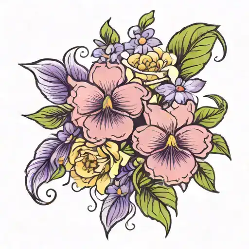 Violet and Primrose flowers. the word "Cheyenne" incorporated into the stem of the flowers.  tattoo design idea