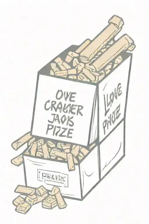 a box of cracker jacks but instead of the box reading "Cracker Jacks" it says "Love is the prize" in the traditinal font tattoo design idea