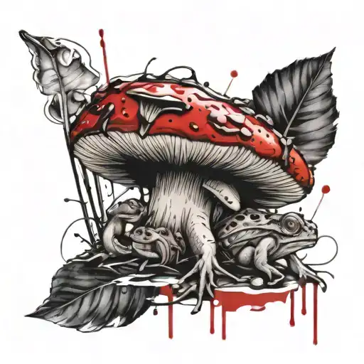 mushroom with toad sitting tattoo design idea