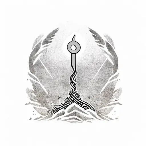 danish rune for wisdom, storm and peace combined with Classical Arabic calligraphy "ترا خذ بالك بابا" in a palm tree tattoo design idea