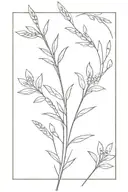 Thin lines or branches with small wheat and some small flowers. to be placed around the shoulder. Elegant and beautiful tattoo design idea
