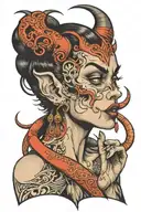 Devil woman whispering into the ear tattoo design idea