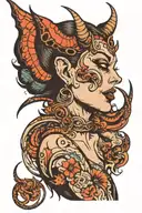 Devil woman whispering into the ear tattoo design idea