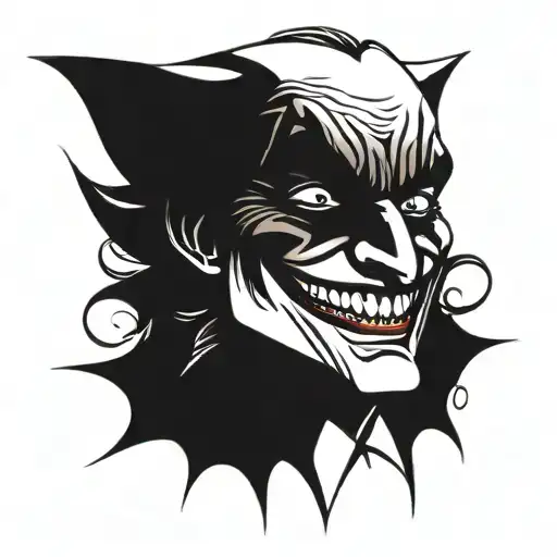 A stylized blackwork tattoo of the Joker's menacing grin with the words 'Why so serious?' tattoo design idea