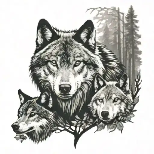 4 pack wolves family in the woods tattoo design idea