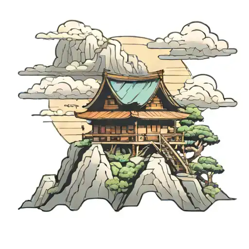 Japanese mountains with a small house ontop. Lighting and clouds beloiw the house tattoo design idea