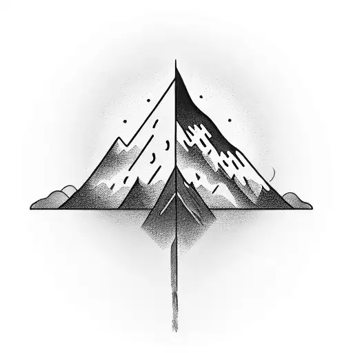 A minimalist black-grey tattoo of a paintbrush transforming into a majestic mountain range tattoo design idea