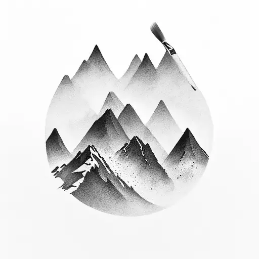 A minimalist black-grey tattoo of a paintbrush transforming into a majestic mountain range tattoo design idea