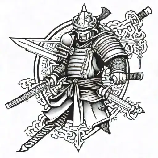 Combining elements of traditional samurai armor with modern martial arts symbols tattoo design idea