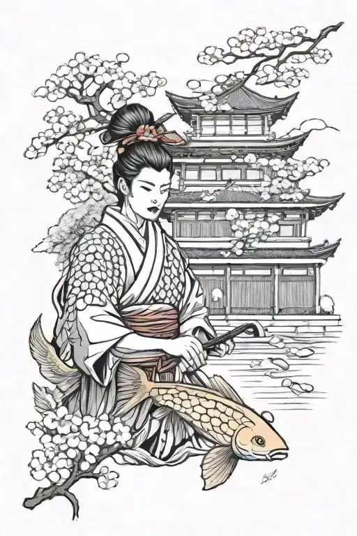 Samurai,geisha, cherry blossoms, Japanese traditional buildings, koi carp tattoo design idea