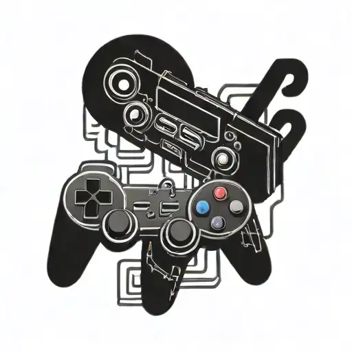 A pixelated video game controller intertwined with musical notes tattoo design idea