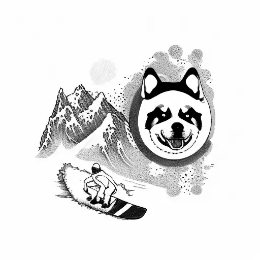 surfing, snowboarding, akita dog, ocean, mountains  tattoo design idea