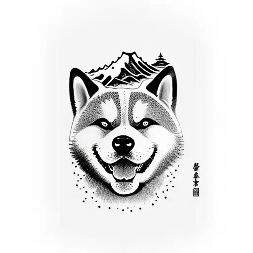 snowboarding, akita dog, mountains  tattoo design idea