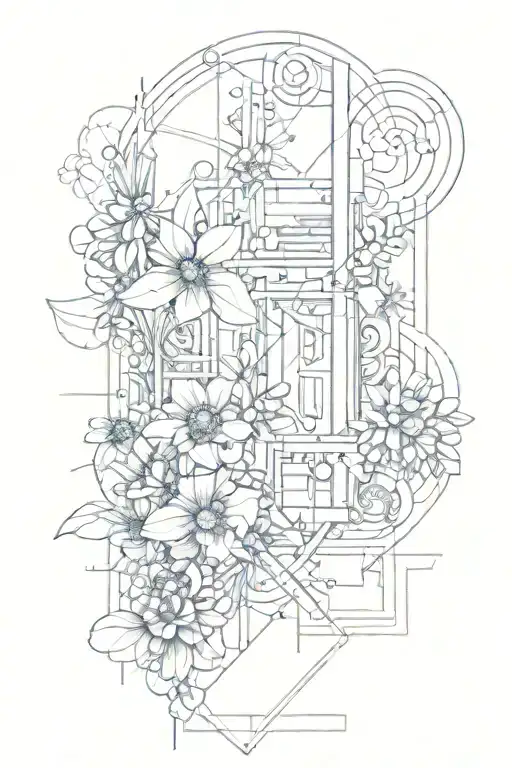 An abstract art piece inspired by architectural blueprints, with hidden flower motifs tattoo design idea
