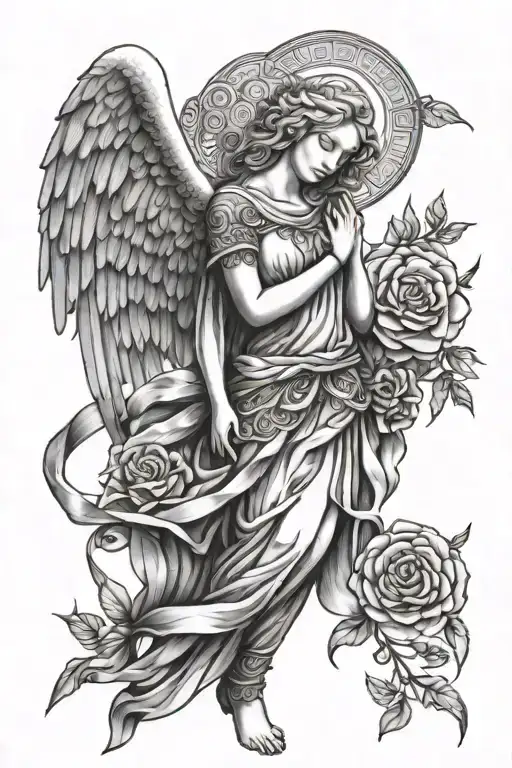 A guardian angel with geometric patterns and floral accents, representing protection and beauty tattoo design idea